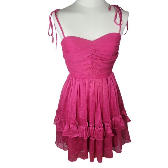 Lulus Angelic Approach Hot Pink Chiffon Ruffled Tie-Strap Mini Dress Size XS - Picture 1 of 8